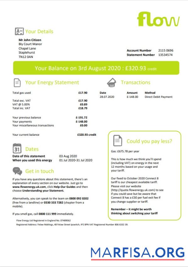 Downloadable United Kingdom Flow Energy utility bill template in Word and PDF format